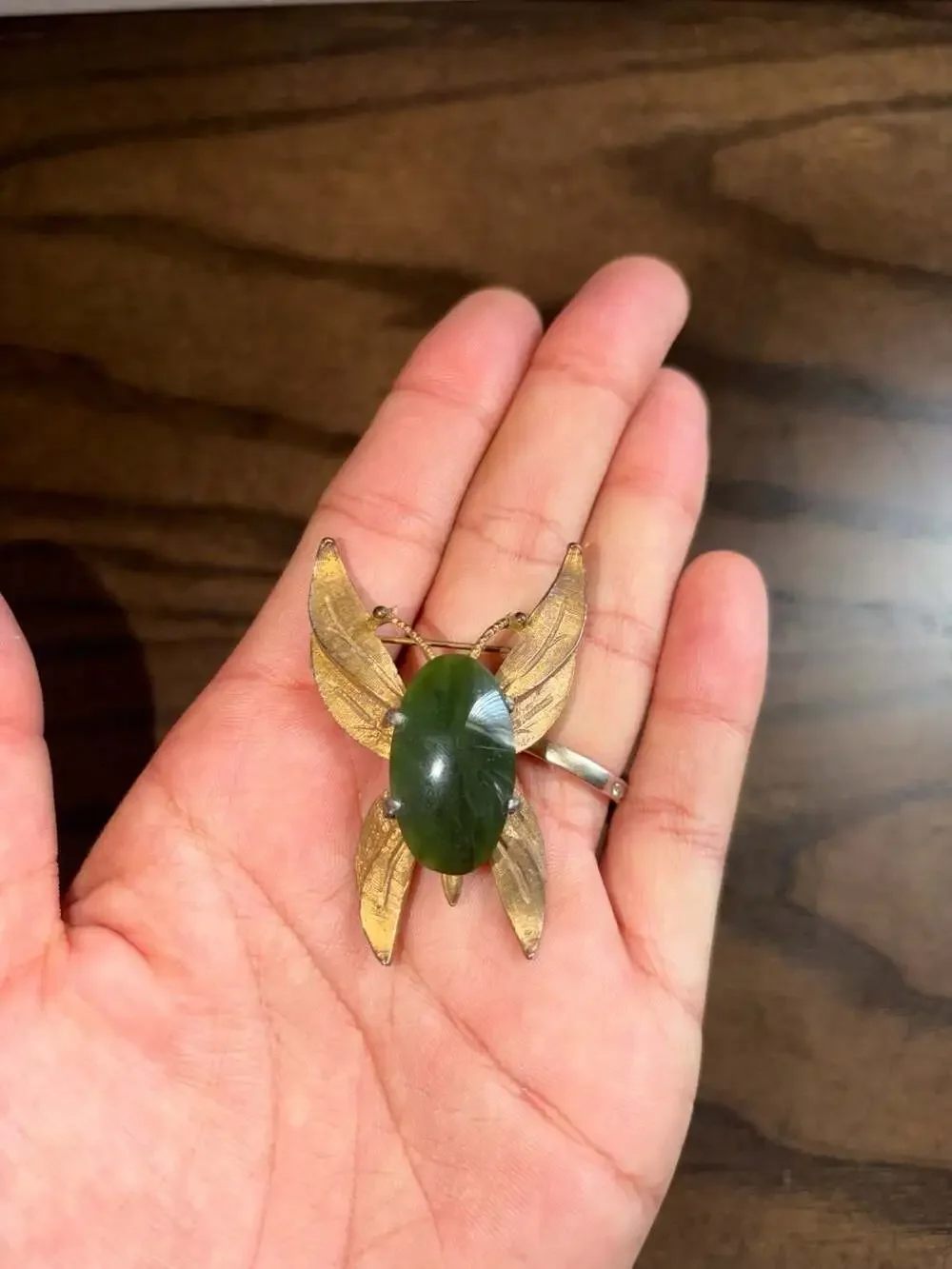 Vintage 1960s Gold Tone Butterfly Brooch with Nephrite Stone
